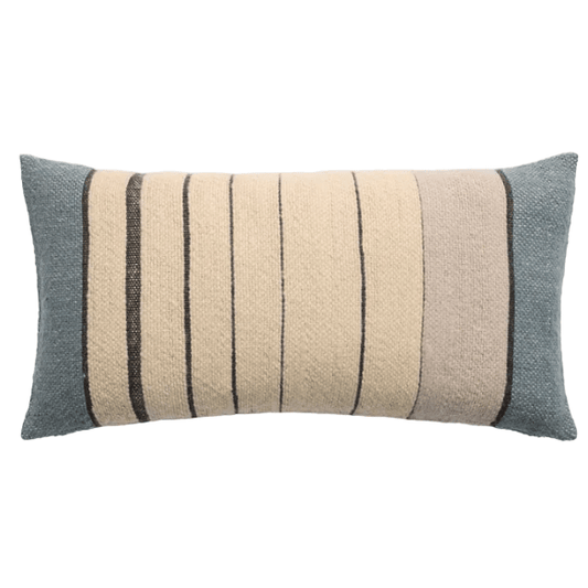Margosa Misario 100% wool lumbar pillow in vintage stripe pattern with button accents; soft, rectangular accent pillow (13x25) for sofas, beds, or chairs, artisan-crafted for home décor. Down Alternative