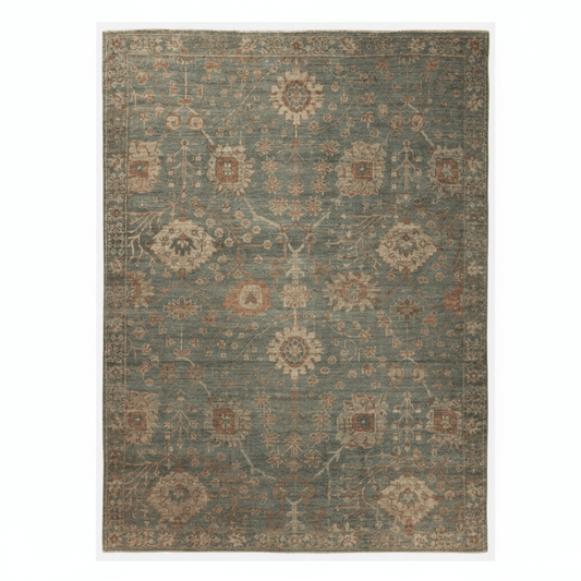 Rhapsody Maeli hand-knotted 100% wool rug in vintage Oushak style; artisan-crafted area rug featuring soft tones, intricate detailing, and timeless appeal for elegant interiors.