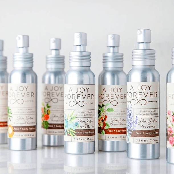 Skin Satin natural face and body lotion, Stress Buster; nourishing, gentle formula that soothes and hydrates skin while promoting relaxation and a calming self-care experience.