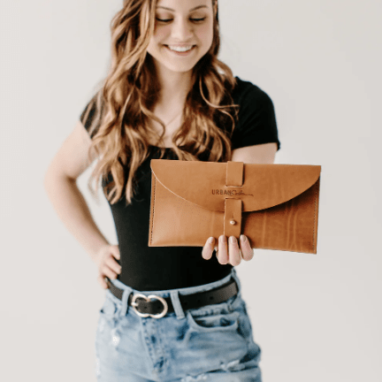 5th Avenue Full-Grain Leather Envelope Clutch, sleek and sophisticated, perfect for carrying essentials in style for day or evening occasions. Honey