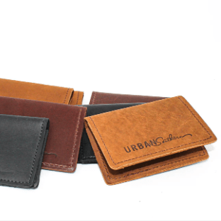 Full-grain leather bifold card wallet with multiple card slots, durable stitching, compact design for everyday organization, and effortless style.