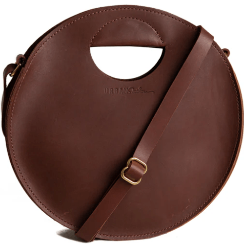 Britt Full-Grain Leather Circle Crossbody Bag, handcrafted design with adjustable strap, ideal for hands-free everyday style and versatile outfits. Chestnut Brown