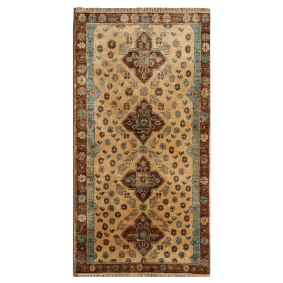 Ghazni Diyar hand-knotted accent rug, 3' x 1.7', artisan-crafted from wool, featuring geometric patterns and vibrant natural colors — ideal as a runner or small space rug.