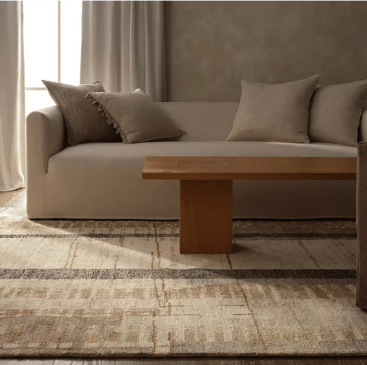 Kazben Nazani hand-knotted 100% wool rug with Moroccan-inspired texture; artisan-crafted area rug offering plush comfort, organic patterning, and warm neutral tones for modern interiors.