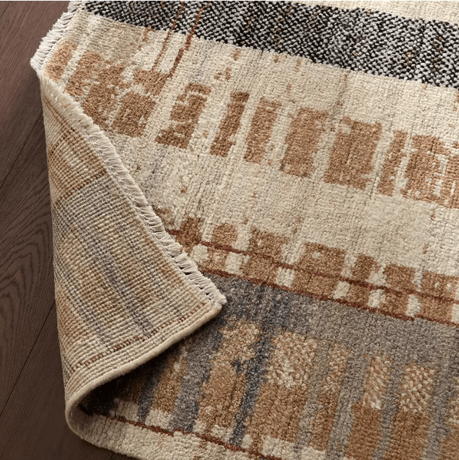 Kazben Nazani hand-knotted 100% wool rug with Moroccan-inspired texture; artisan-crafted area rug offering plush comfort, organic patterning, and warm neutral tones for modern interiors.