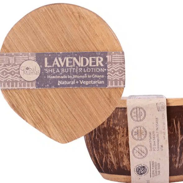 Lavender-scented shea butter in a 4.2oz coconut shell container, natural and handmade.