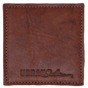 Square leather coaster in chestnut brown, handcrafted to protect surfaces and add style to your home.