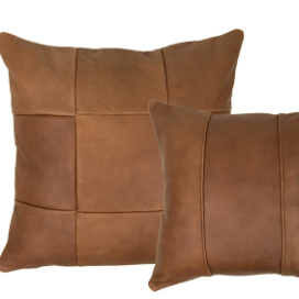 Leather accent pillow with removable top-grain leather cover, soft supportive Polyfill insert, modern striped design, perfect for sofas, beds, and stylish home décor. 