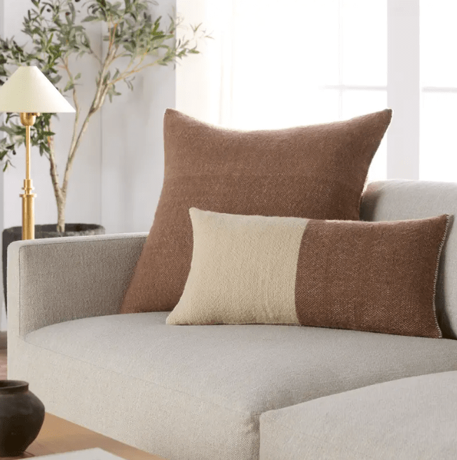 Margosa Abdul 100% wool lumbar pillow, handcrafted in a duo-tone design; 13x25-inch rectangular accent pillow for sofas, chairs, or beds, adding artisan-crafted texture and style. Cover Only Wood Ash