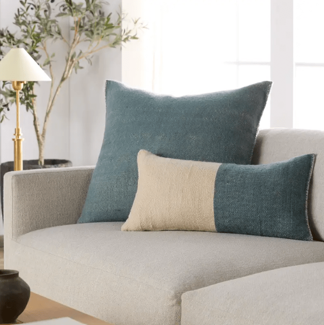 Margosa Abdul 100% wool lumbar pillow, handcrafted in a duo-tone design; 13x25-inch rectangular accent pillow for sofas, chairs, or beds, adding artisan-crafted texture and style. Down Alternative Goblin Blue