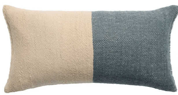 Margosa Abdul 100% wool lumbar pillow, handcrafted in duo-tone design; 13x25-inch rectangular accent pillow for sofas, chairs, or beds, adding artisan-crafted texture and style. Down feather Goblin Blue