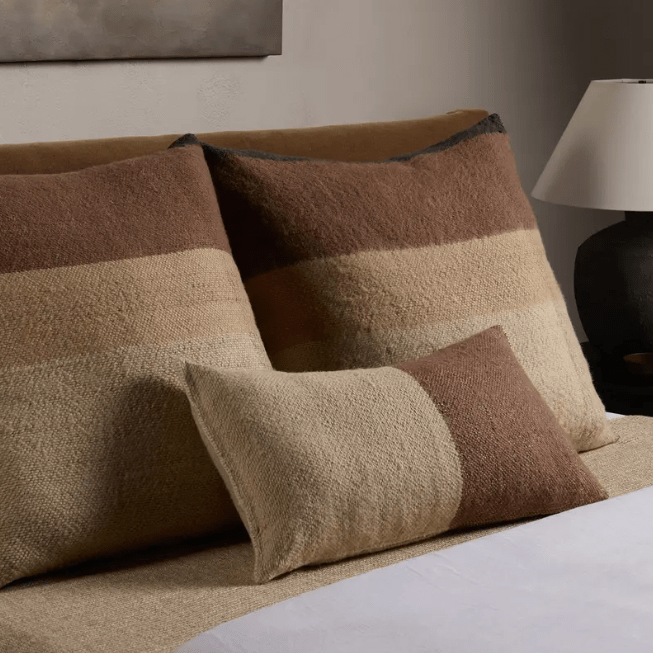 Margosa Abdul 100% wool lumbar pillow, handcrafted in a duo-tone design; 13x25-inch rectangular accent pillow for sofas, chairs, or beds, adding artisan-crafted texture and style. Down feather Wood Ash