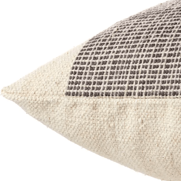 Margosa Callahan hand-embroidered cotton pillow in cream, gray, and red geometric pattern; soft accent pillow for sofas, chairs, and beds with artisan-crafted detailing. Cover Only