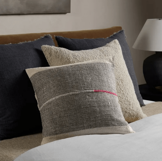 Margosa Callahan hand-embroidered cotton pillow in cream, gray, and red geometric pattern; soft accent pillow for sofas, chairs, and beds with artisan-crafted detailing. Polyester