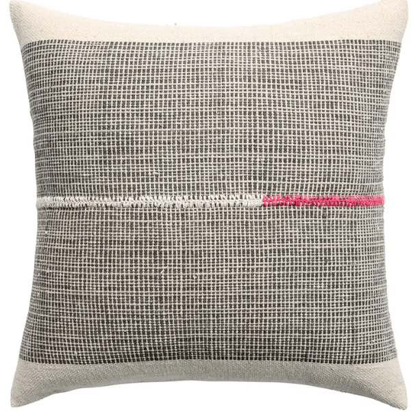 Margosa Callahan hand-embroidered cotton pillow in cream, gray, and red geometric pattern; soft accent pillow for sofas, chairs, and beds with artisan-crafted detailing. Down feather
