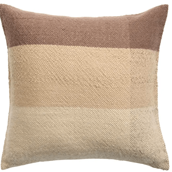 Margosa ‘Laco’ 100% wool pillow featuring multi-brown stripes and decorative button accents, ideal for living rooms, bedrooms, or cozy lounge spaces.