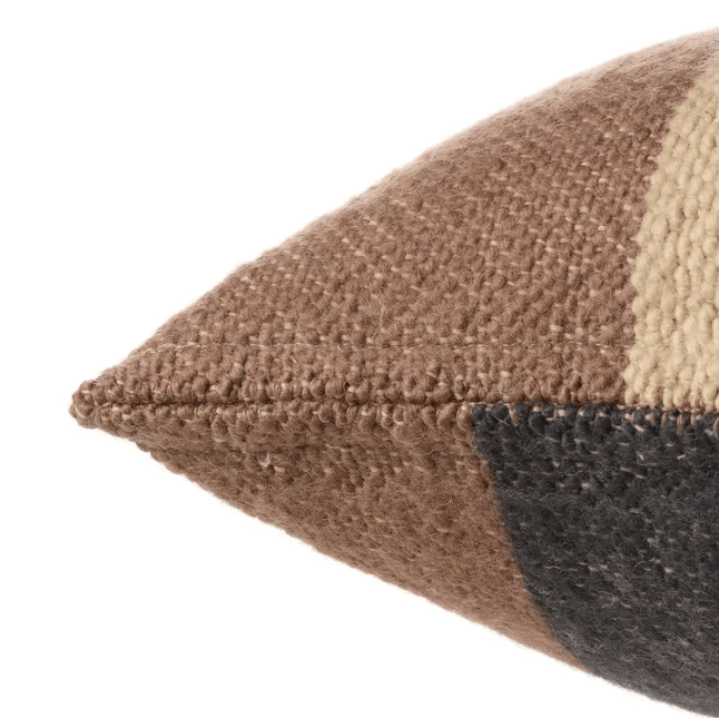 Margosa ‘Laco’ 100% wool pillow featuring multi-brown stripes and decorative button accents, ideal for living rooms, bedrooms, or cozy lounge spaces. Cover Only