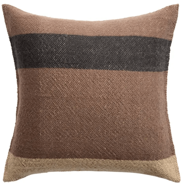 Margosa ‘Laco’ 100% wool pillow featuring multi-brown stripes and decorative button accents, ideal for living rooms, bedrooms, or cozy lounge spaces.