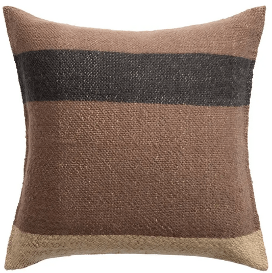 Margosa ‘Laco’ 100% wool pillow featuring multi-brown stripes and decorative button accents, ideal for living rooms, bedrooms, or cozy lounge spaces.