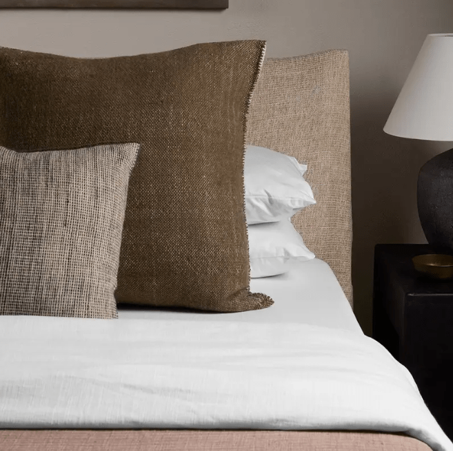 Margosa Mila 100% wool textured pillow in stonewashed finish; handcrafted accent pillow for sofas, chairs, or beds, adding cozy texture and artisan detail to home décor.   Canteen Down feather