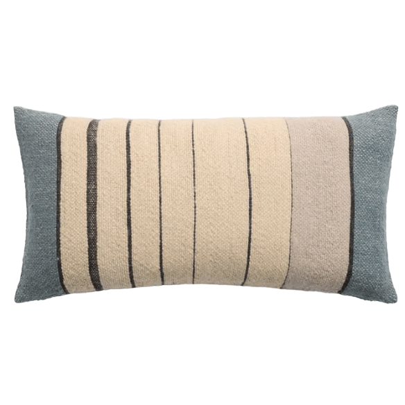 Margosa Misario 100% wool lumbar pillow in vintage stripe pattern with button accents; soft, rectangular accent pillow (13x25) for sofas, beds, or chairs, artisan-crafted for home décor. Down Alternative