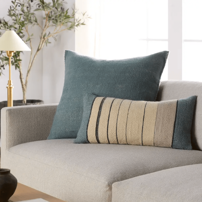 Margosa Misario 100% wool lumbar pillow in vintage stripe pattern with button accents; soft, rectangular accent pillow (13x25) for sofas, beds, or chairs, artisan-crafted for home décor. Down Alternative