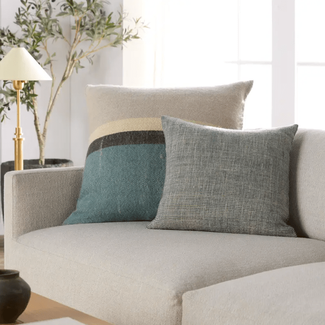 Margosa Priangan 100% wool textured pillow in slate blue; handcrafted 19-inch accent pillow for sofas, chairs, or beds, featuring artisan detailing for cozy home décor.  Down Alternative