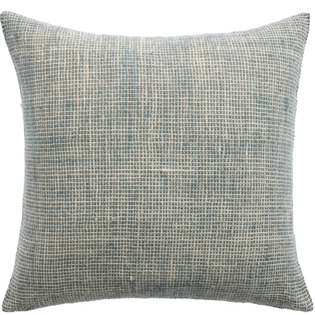 Margosa Priangan 100% wool textured pillow in slate blue; handcrafted 19-inch accent pillow for sofas, chairs, or beds, featuring artisan detailing for cozy home décor. Down feather