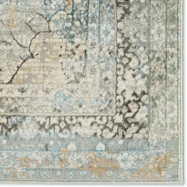 Melo MEL04 Thayer area rug with contemporary traditional motif, power-loomed polyester with lustrous sheen and varied pile height.