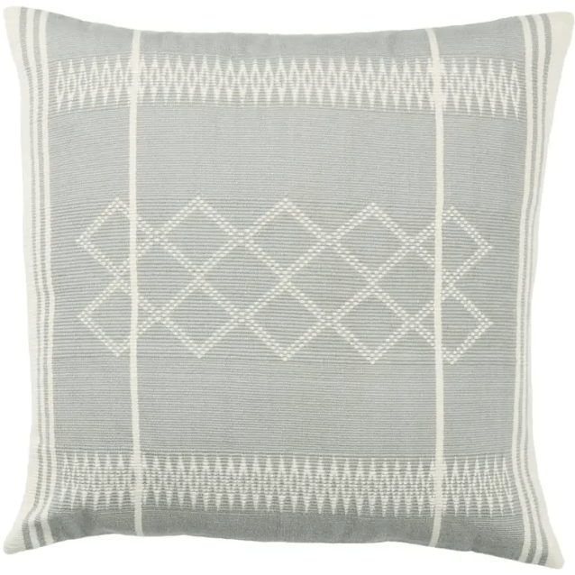 Nagaland Sanis throw pillow with a handcrafted tribal pattern in light gray and cream, perfect for sofas, chairs, or beds, adding texture and cultural charm to any space.