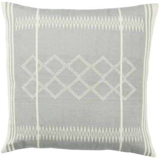 Nagaland Sanis throw pillow with a handcrafted tribal pattern in light gray and cream, perfect for sofas, chairs, or beds, adding texture and cultural charm to any space.