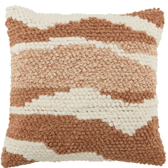 Nazka ‘Hasani’ handcrafted indoor/outdoor pillow featuring abstract bouclé texture, versatile accent for living spaces, patios, or decks, adding contemporary style and tactile interest.