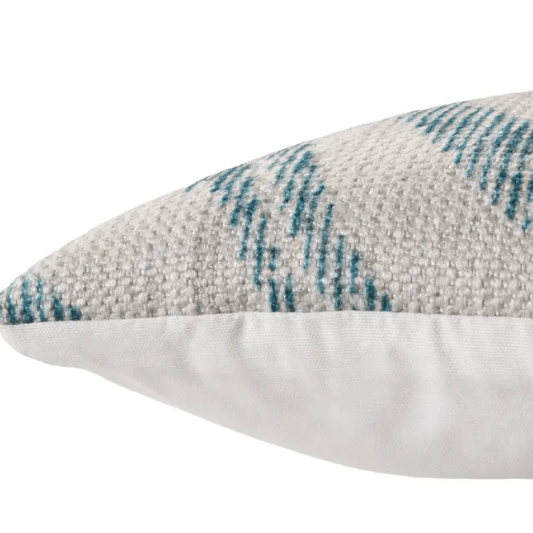Nikki Chu Groove ‘Cymbal’ indoor/outdoor pillow with teal retro motif, durable weather-resistant fabric, stylish accent for patios, decks, or indoor seating areas.