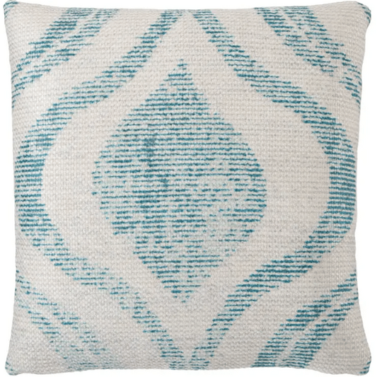 Nikki Chu Groove ‘Cymbal’ indoor/outdoor pillow with teal retro motif, durable weather-resistant fabric, stylish accent for patios, decks, or indoor seating areas.