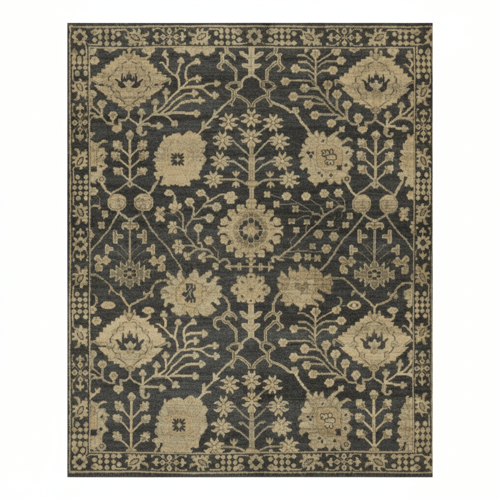 Rhapsody Maeli hand-knotted 100% wool rug in vintage Oushak style; artisan-crafted area rug featuring soft tones, intricate detailing, and timeless appeal for elegant interiors. Charcoal - Organic
