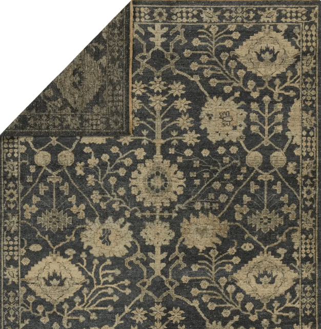 Rhapsody Maeli hand-knotted 100% wool rug in vintage Oushak style; artisan-crafted area rug featuring soft tones, intricate detailing, and timeless appeal for elegant interiors. Charcoal - Organic