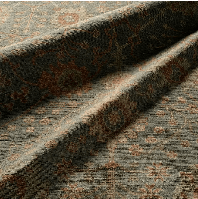 Rhapsody Maeli hand-knotted 100% wool rug in vintage Oushak style; artisan-crafted area rug featuring soft tones, intricate detailing, and timeless appeal for elegant interiors.