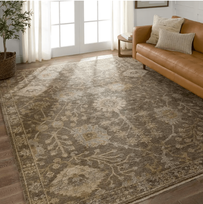 Rhapsody Maeli hand-knotted 100% wool rug in vintage Oushak style; artisan-crafted area rug featuring soft tones, intricate detailing, and timeless appeal for elegant interiors.