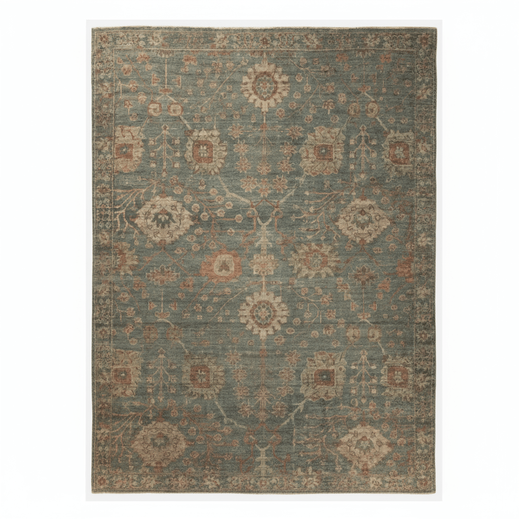 Rhapsody Maeli hand-knotted 100% wool rug in vintage Oushak style; artisan-crafted area rug featuring soft tones, intricate detailing, and timeless appeal for elegant interiors.