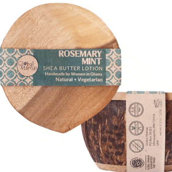 Rosemary Mint shea butter in a repurposed coconut shell container, handmade in Ghana.