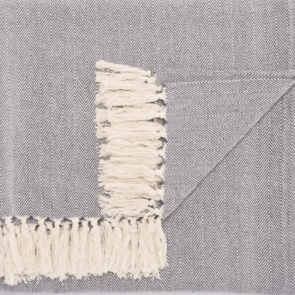 Seabreeze handcrafted cotton throw blanket in herringbone stripe pattern; soft, breathable textile ideal for layering on sofas, chairs, or beds, adding coastal-inspired style to home décor.   Charcoal
