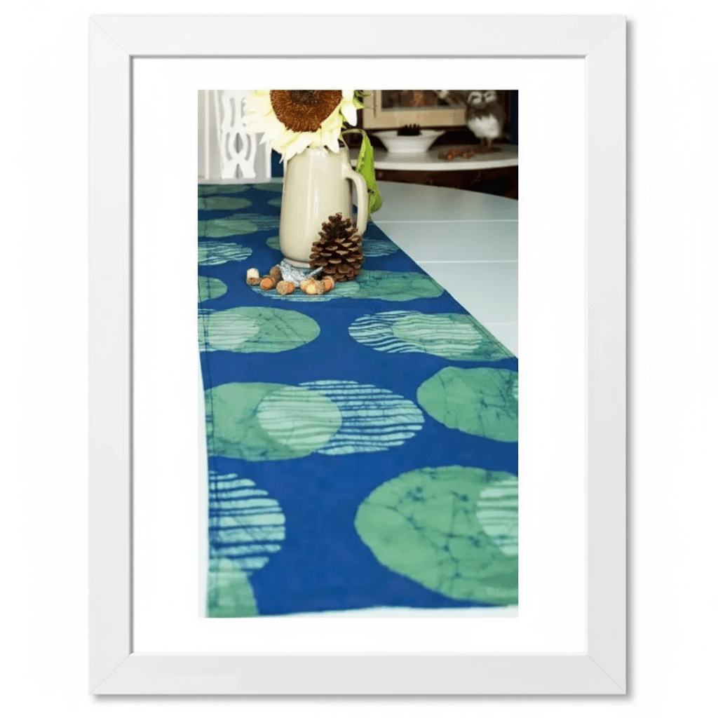 Short organic cotton table runner; reversible and topstitched for durability and style, perfect for dining tables, sideboards, or as an accent piece in home décor. Organic