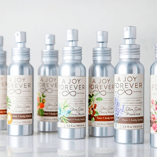 Skin Satin natural face and body lotion, Stress Buster; nourishing, gentle formula that soothes and hydrates skin while promoting relaxation and a calming self-care experience.