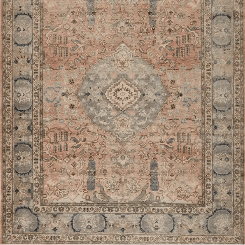 Someplace in Time Collection Pendulum rug, hand-tufted wool and viscose with vintage-inspired pattern, warm neutral tones, ideal for dining rooms or open living spaces. Bottom close-up.