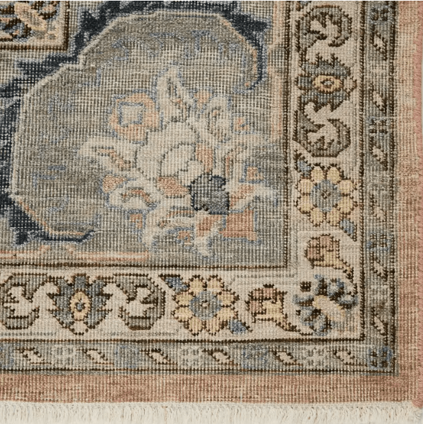 Someplace in Time Collection Pendulum rug, hand-tufted wool and viscose with vintage-inspired pattern, warm neutral tones, ideal for dining rooms or open living spaces. Corner close-up