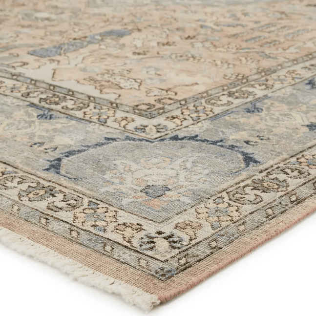 Someplace in Time Collection Pendulum rug, hand-tufted wool and viscose with vintage-inspired pattern, warm neutral tones, ideal for dining rooms or open living spaces.