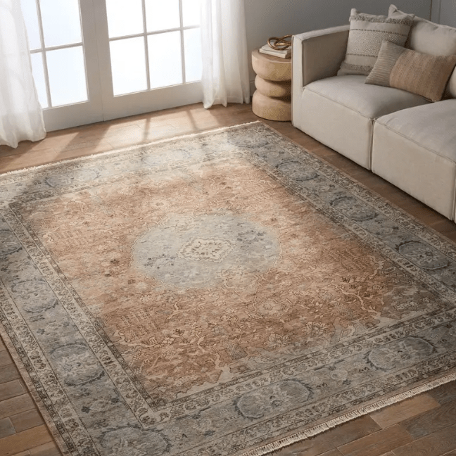 Someplace in Time Collection Pendulum rug, hand-tufted wool and viscose with vintage-inspired pattern, warm neutral tones, ideal for dining rooms or open living spaces.