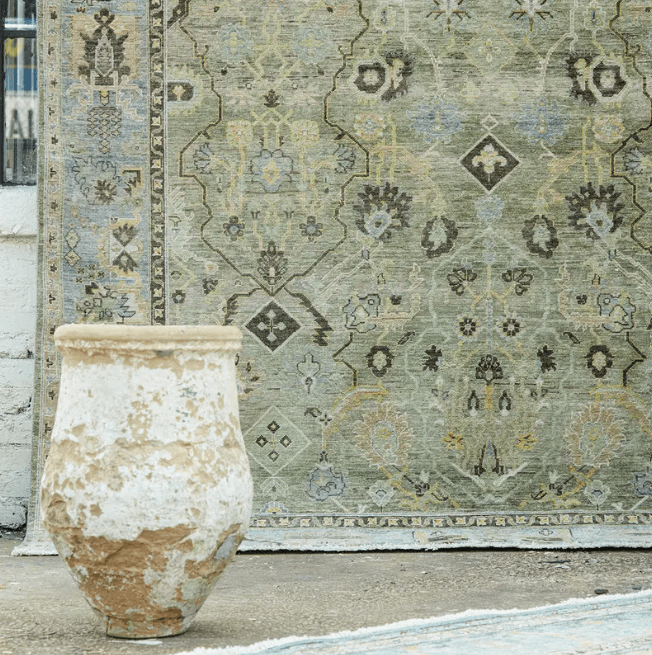 Someplace in Time Resonant hand-knotted 100% wool rug with a timeworn finish; durable, kid- and pet-friendly artisan-crafted area rug adding texture, warmth, and timeless style to living spaces.