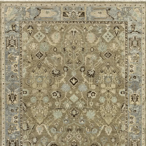 Someplace In Time SPT09 hand-knotted wool rug in neutral tan, beige, and gray tones; traditional-inspired pattern with a timeworn, artisan-crafted look, ideal for living rooms and high-traffic areas.