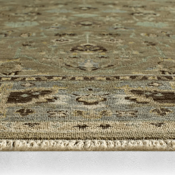 Someplace In Time SPT09 hand-knotted wool rug in neutral tan, beige, and gray tones; traditional-inspired pattern with a timeworn, artisan-crafted look, ideal for living rooms and high-traffic areas. Side View